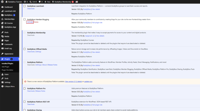 Screenshot of WordPress admin Plugins page showing BuddyBoss plugins list with ActivateDeactivate links and a dark left sidebar navigation