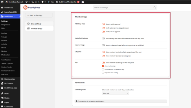 Dashboard view of BuddyBoss settings Member Blogs panel with toggles for publishing posts autosave featured image categories and tags