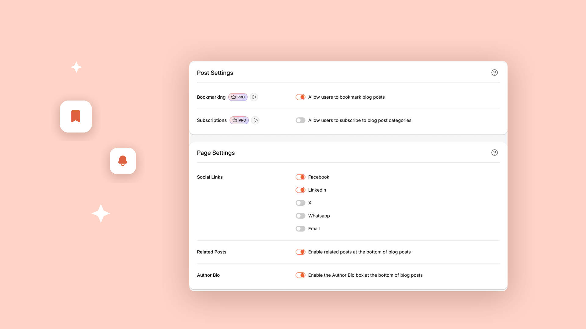 Blog Settings showing bookmarking and subscriptions alongside social links related posts and the author bio toggle