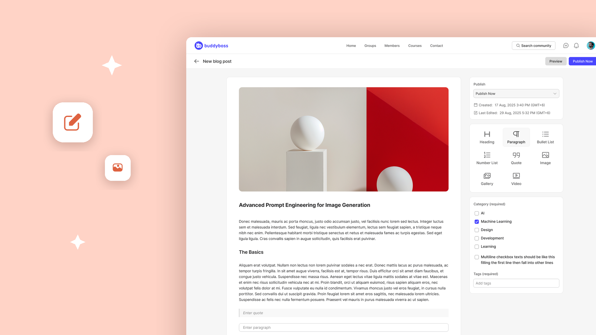 The BuddyBoss front end blog editor showing the featured image title and block picker
