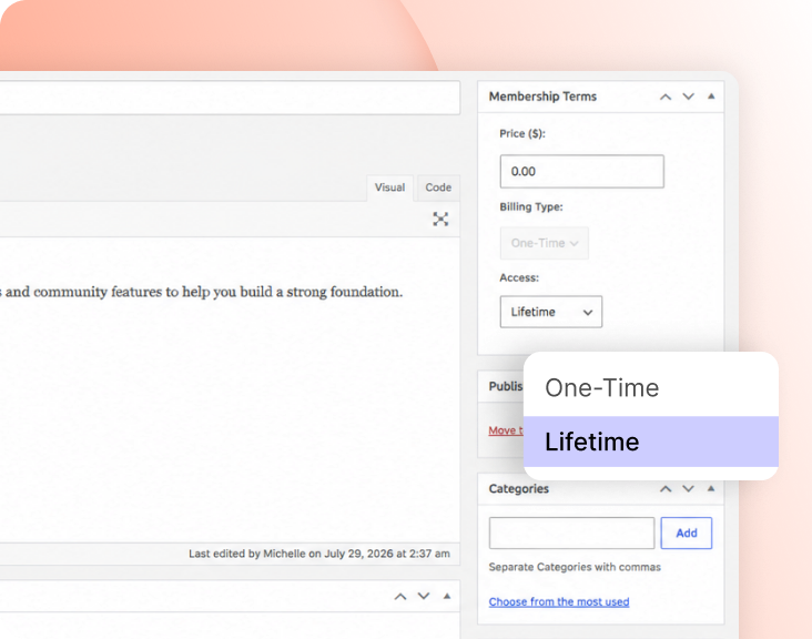 BuddyBoss membership editor showing Membership Terms panel with Billing Type set to One Time and Access set to Lifetime