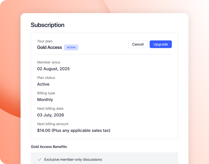 Member account settings screen showing subscription details plan status billing type next billing date and Gold Access benefits