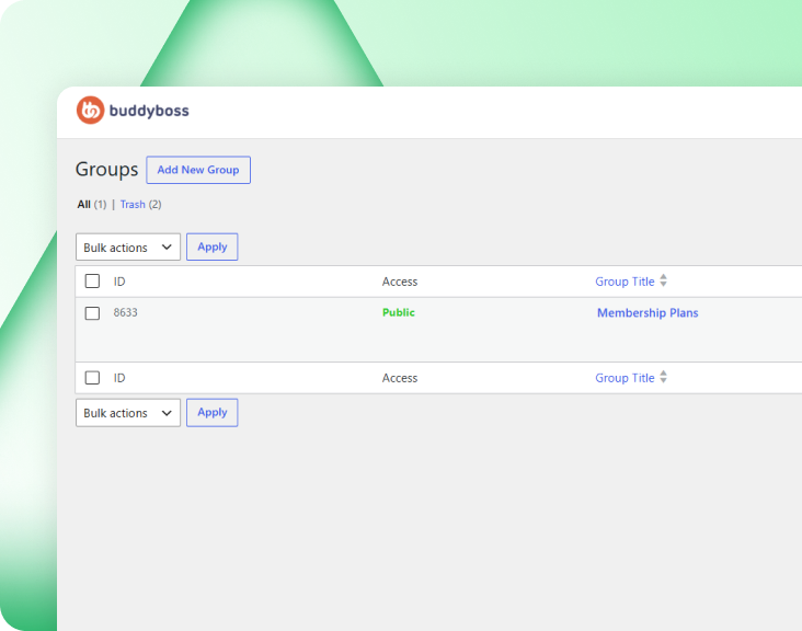 BuddyBoss Membership Group settings showing several memberships collected into one group