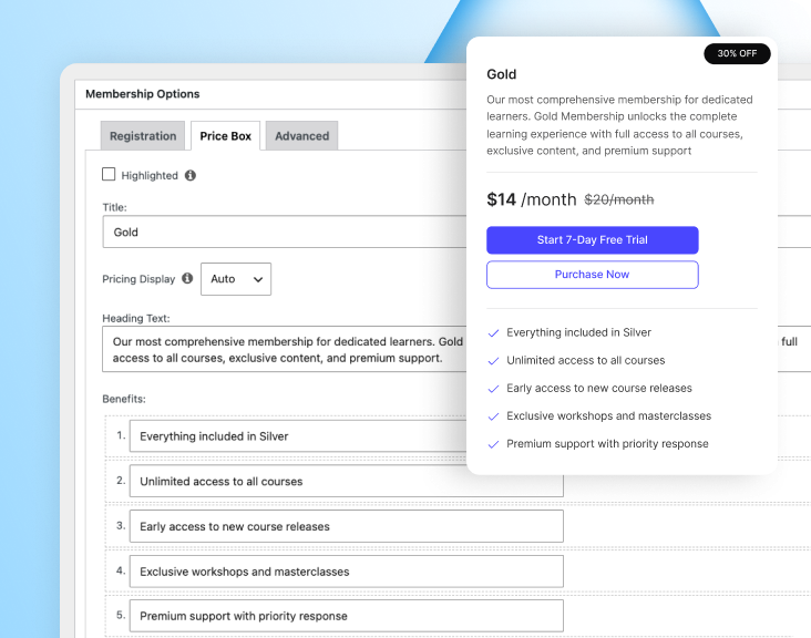 BuddyBoss Price Box editor with title pricing display and benefits fields beside a live preview of the Gold membership card