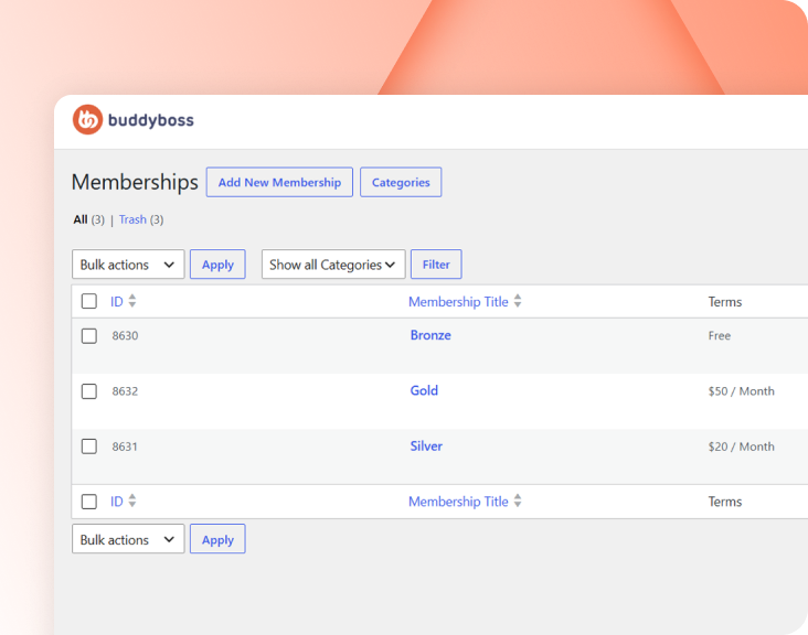 BuddyBoss Memberships admin list showing Bronze Gold and Silver membership tiers with their terms