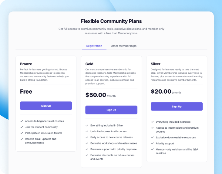 Flexible Community Plans pricing page showing Bronze Gold and Silver membership cards with benefits and sign up buttons