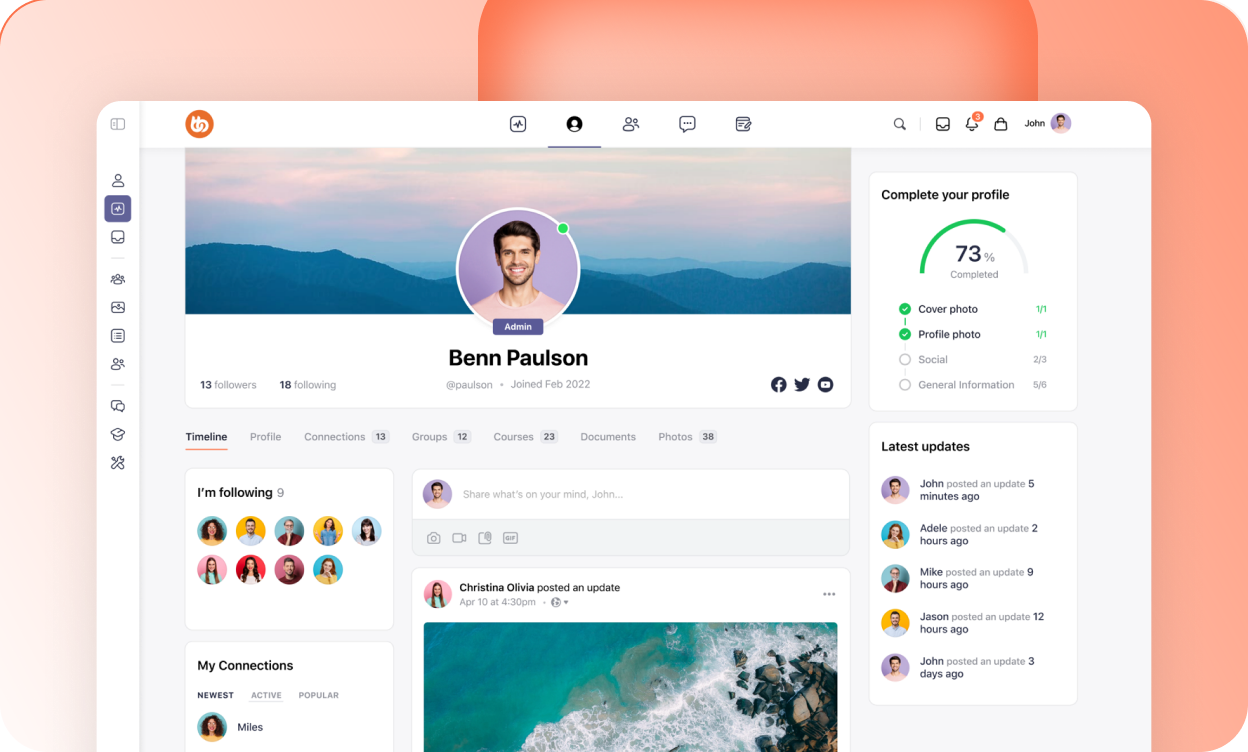 BuddyBoss Theme member profile page showing cover photo profile completion widget and activity timeline