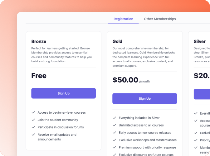 BuddyBoss membership plans screen showing Bronze Gold and Silver tiers with pricing and sign up buttons