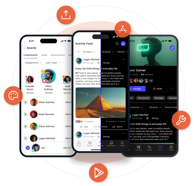 BuddyBoss app screens surrounded by design, development and app-store publishing icons