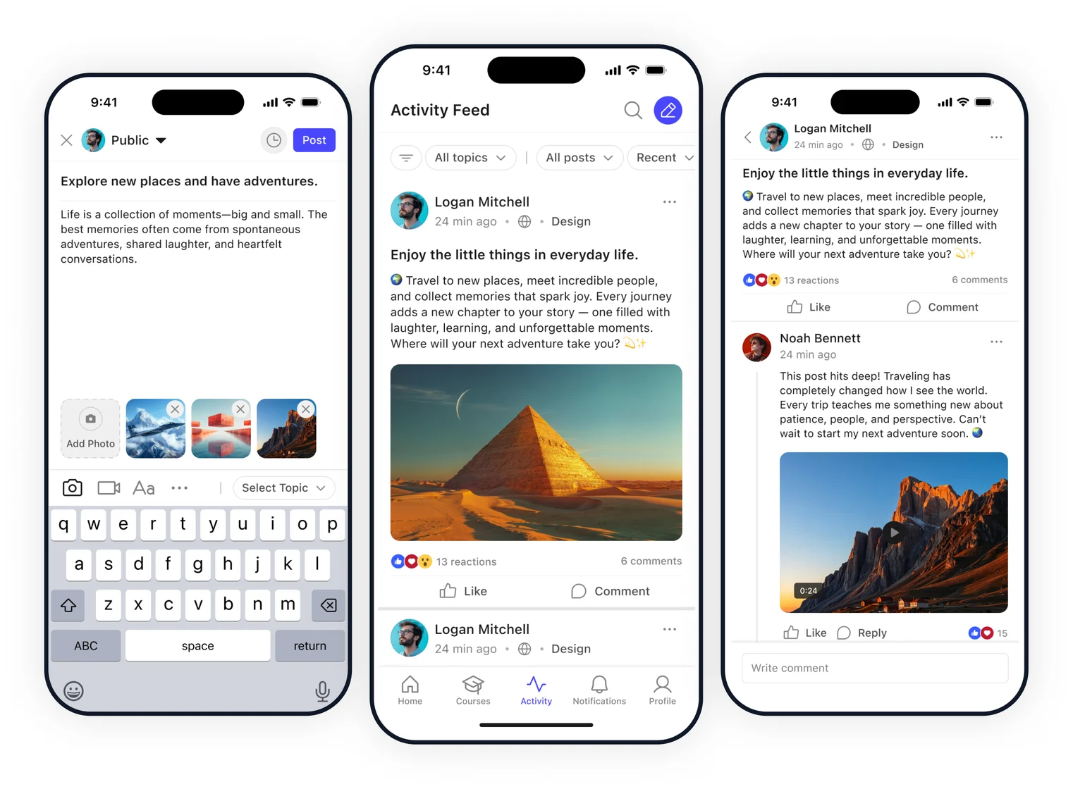 Three phones showing the app's activity feed: composing a post, browsing the feed, and reading a thread with reactions and comments