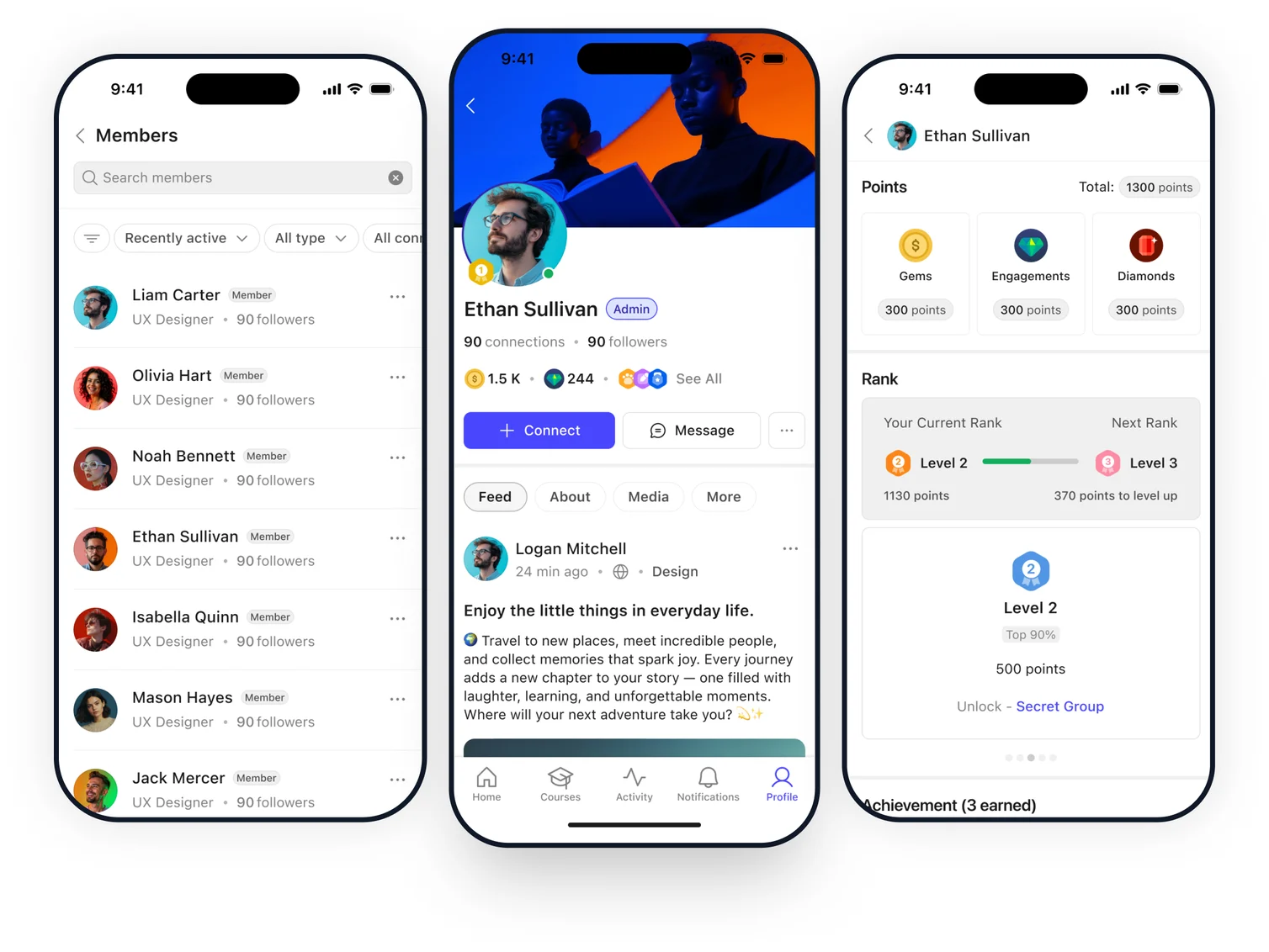 Three phones showing the members directory a member profile and a points and rank screen