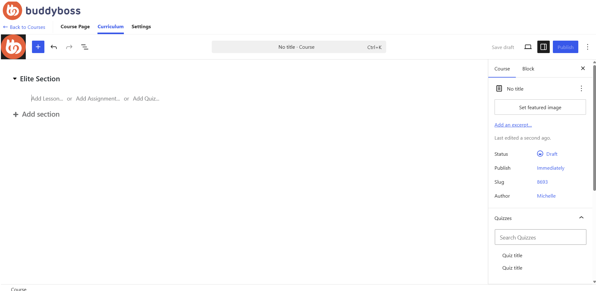 Course editor UI showing an Elite Section with Add Lesson placeholder and a right side settings panel Course tab