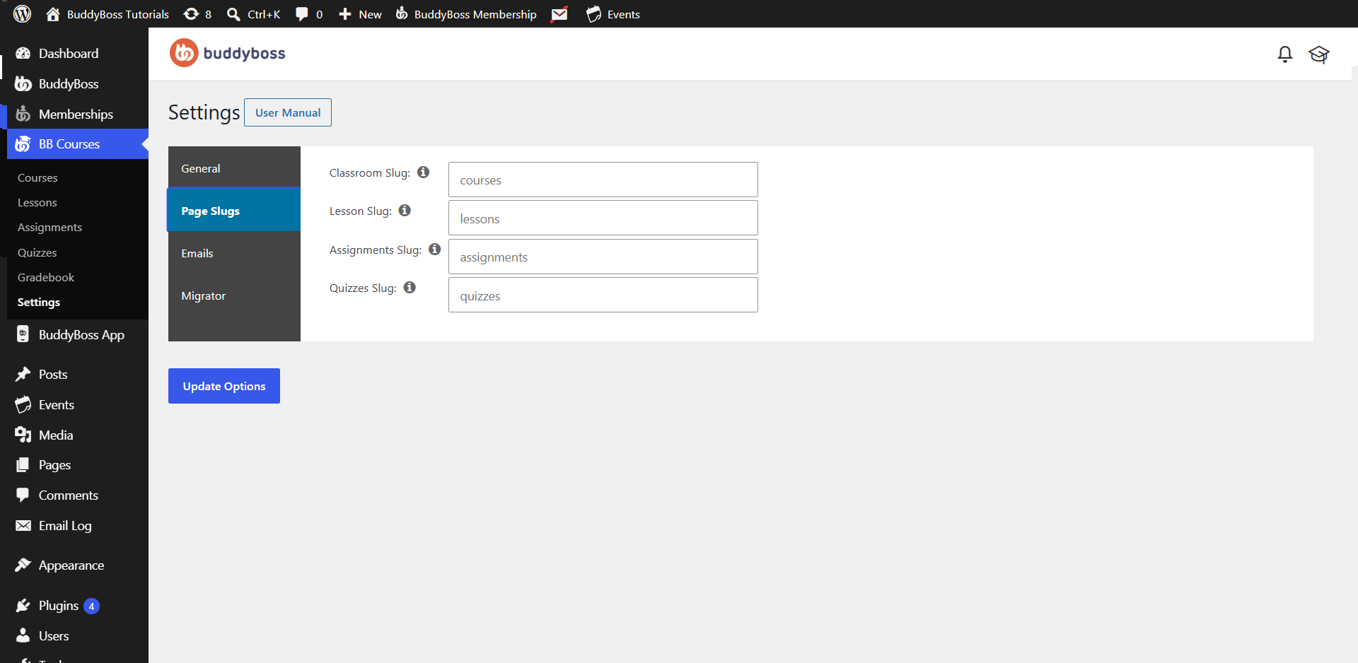 BuddyBoss Settings page showing Page Slugs with fields for Classroom Lesson Assignments Quizzes slugs and an Update Options button at bottom of the form