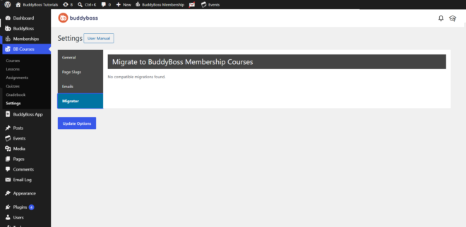 Settings page showing BuddyBoss Migrate to Membership Courses with no compatible migrations found and an Update Options button
