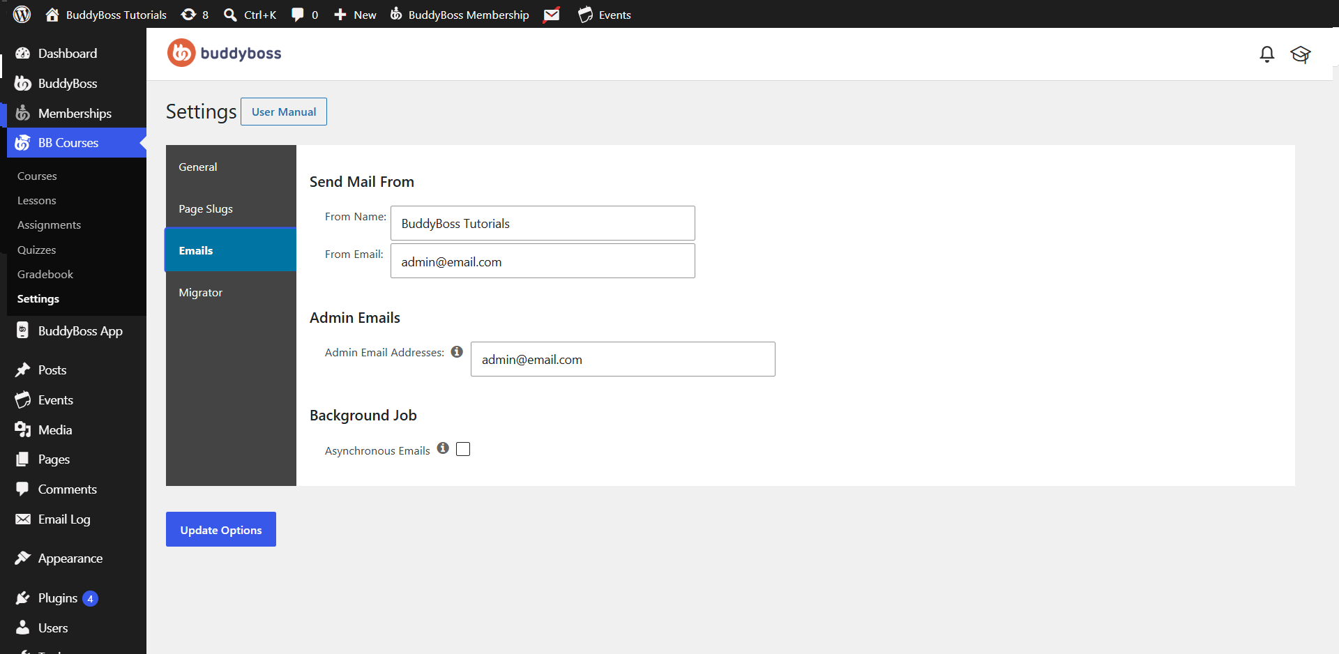 WordPress dashboard screenshot of BuddyBoss Settings > Emails fields for From Name From Email Admin Email Async Emails option and Update Options button