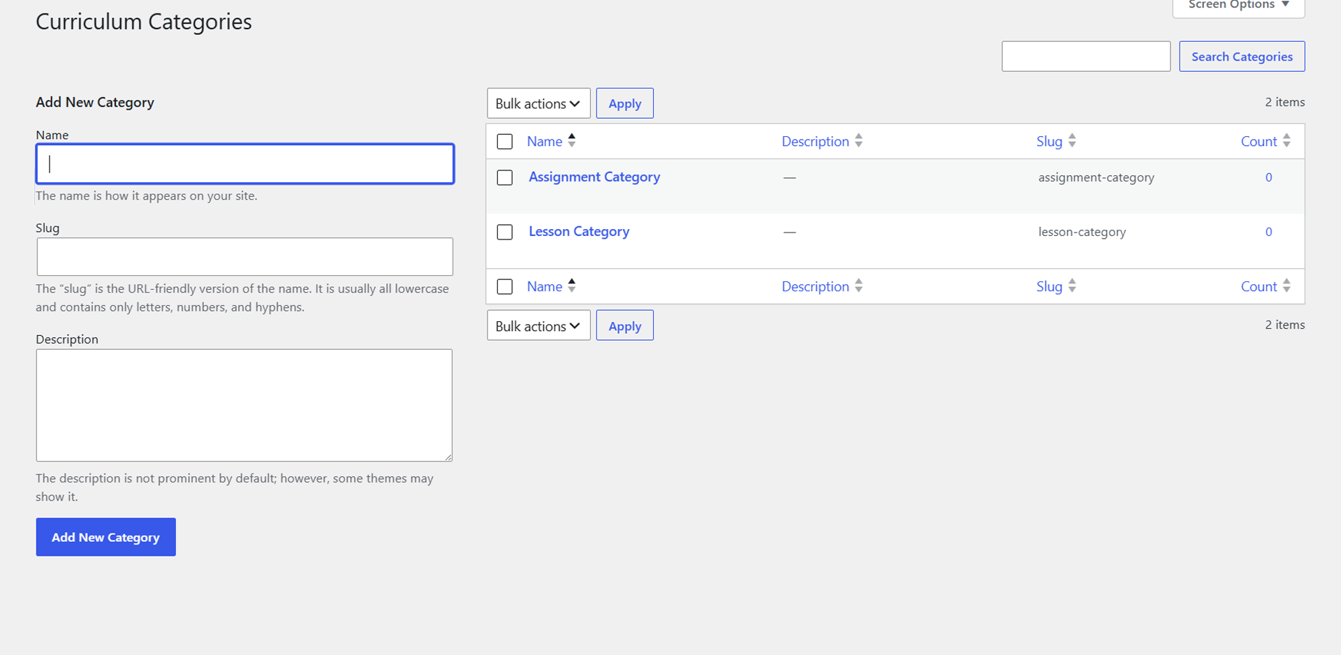 Create and Manage Lesson Assignment and Quiz Categories