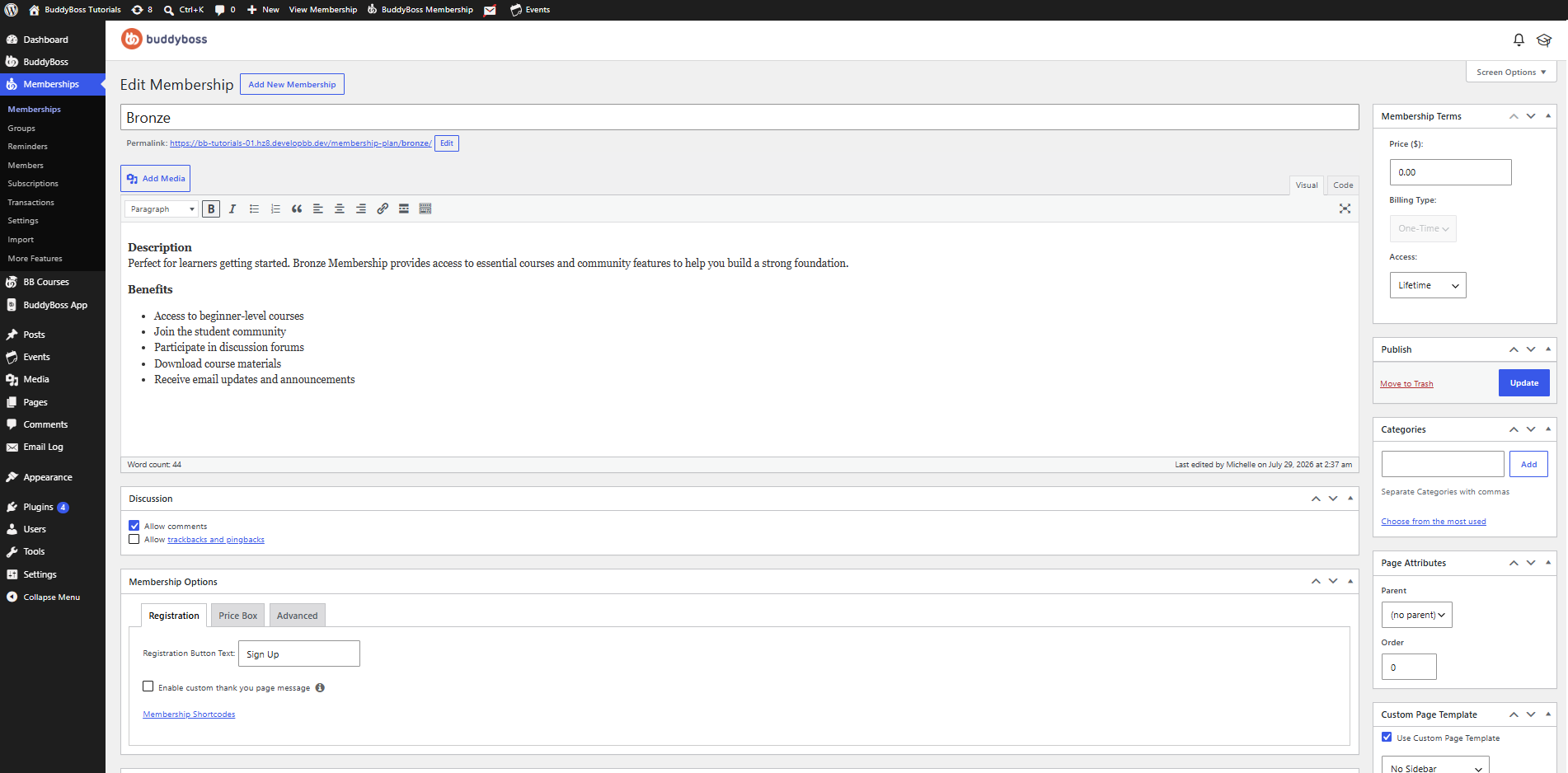 BuddyBoss WordPress admin Edit Bronze membership plan with description and benefits list visible on the editor page