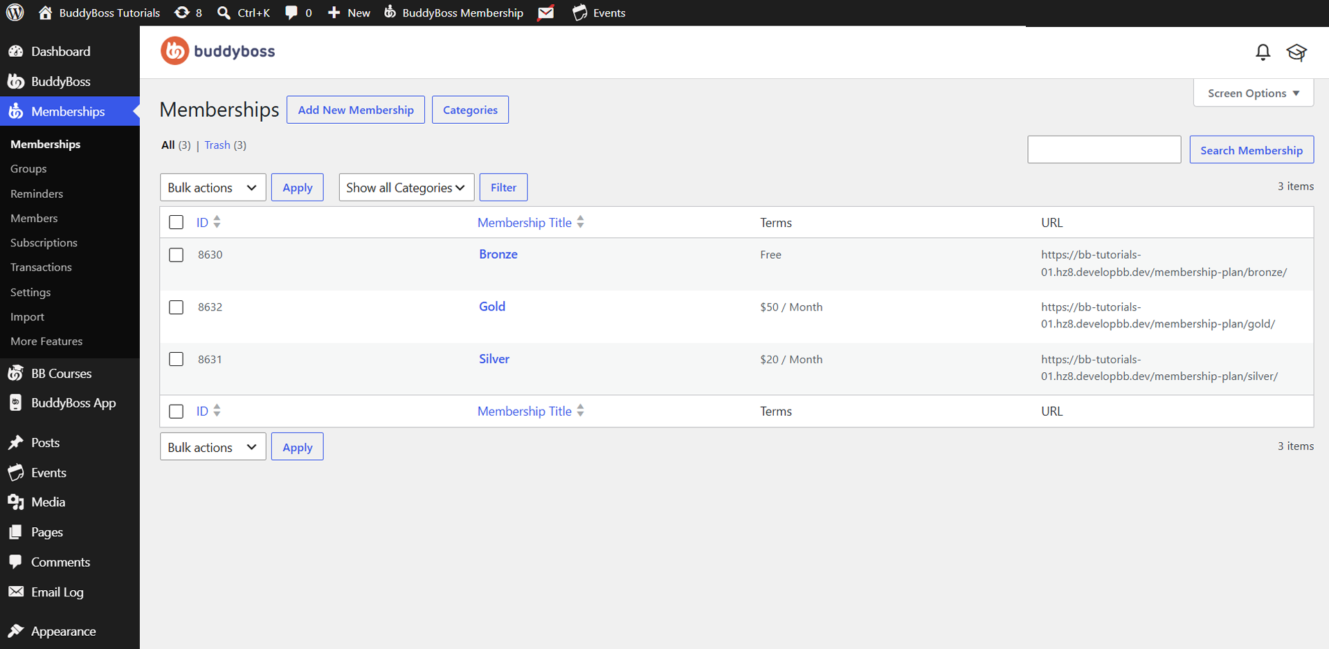 WordPress admin Memberships page showing three plans Bronze Gold Silver with their prices and terms in a table plus action buttons and a left navigation menu