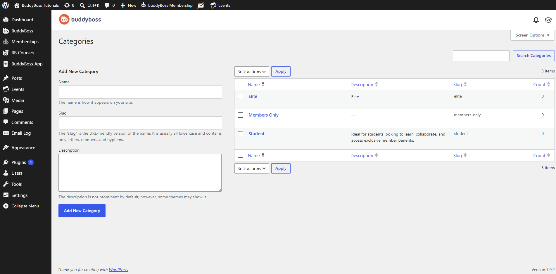 Manage Buddyboss Membership Categories