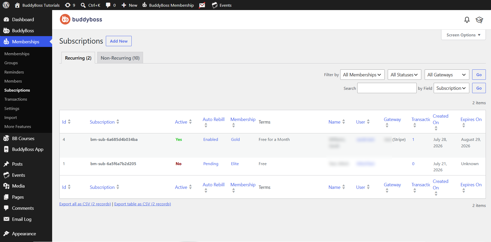 BuddyBoss Membership Subscriptions