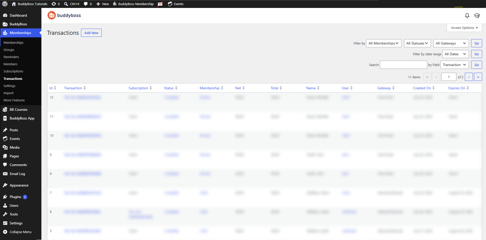 BuddyBoss Membership Transactions