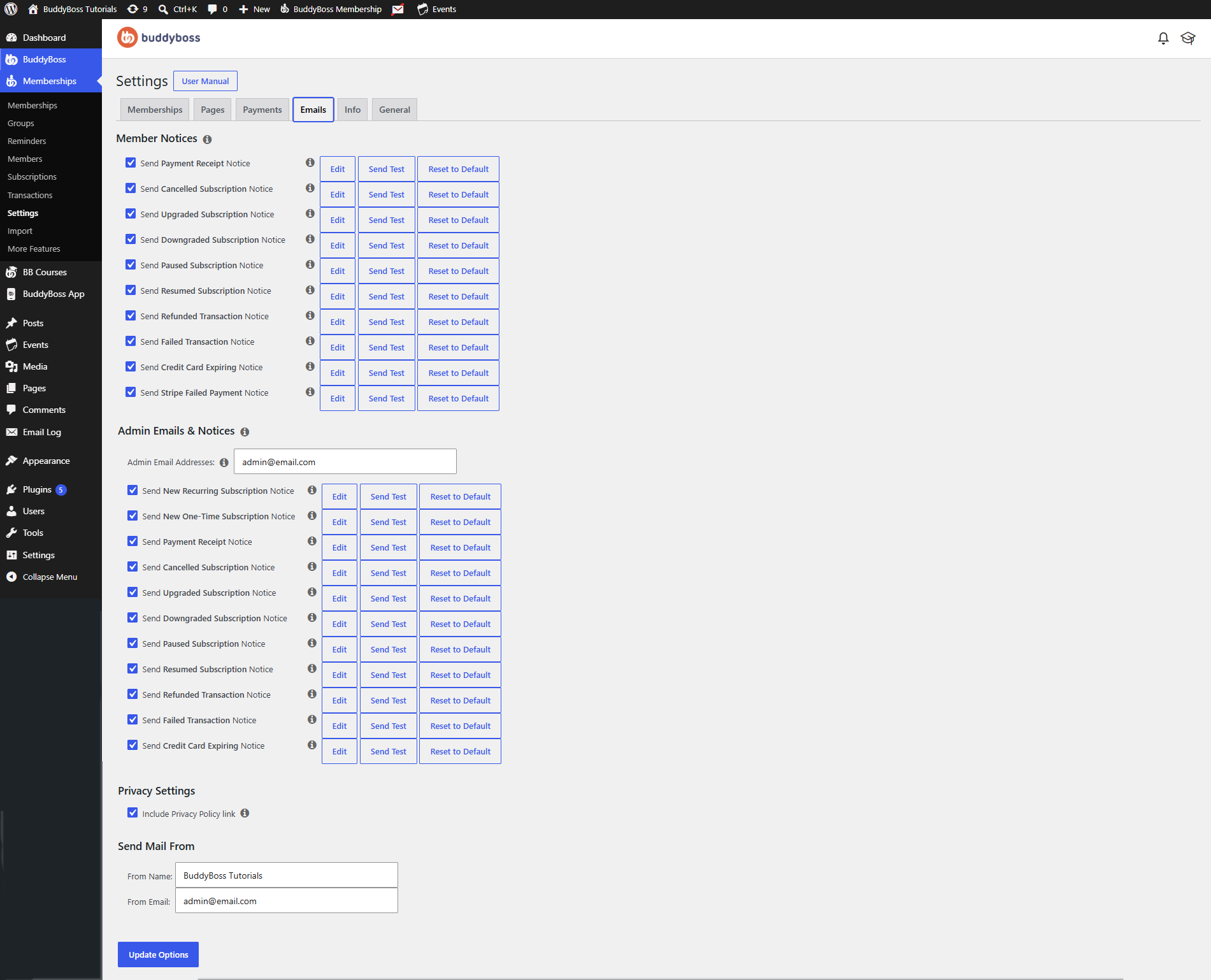 BuddyBoss Membership Email Settings