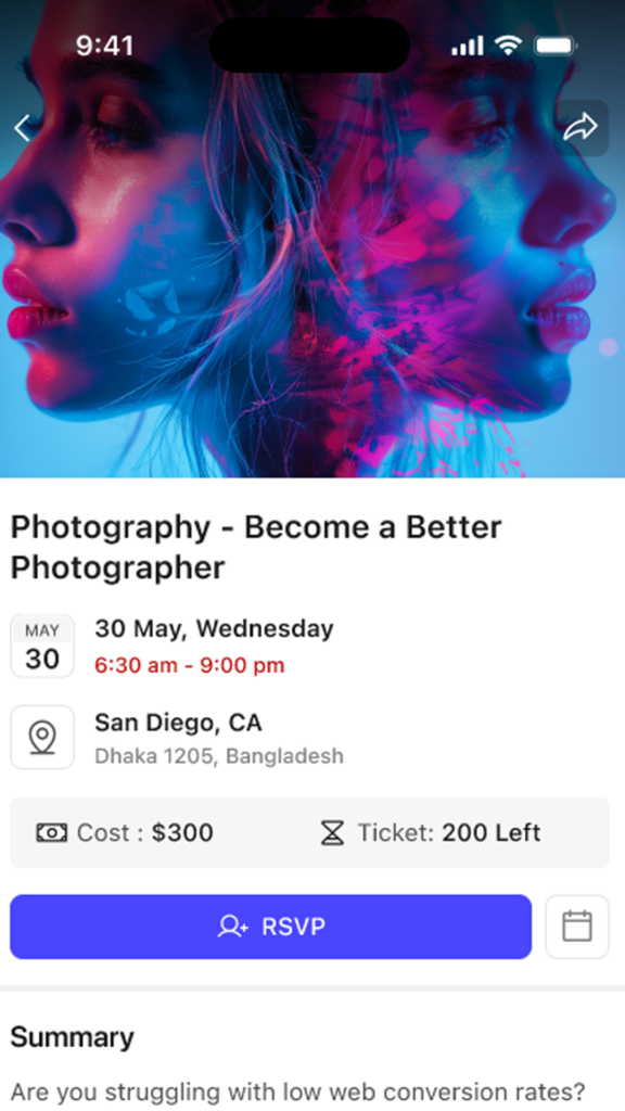 Promotional event card for Photography   Become a Better Photographer with a neon double profile art banner shows date May 30 30 May Wednesday location San Diego CA Dhaka 1205 Bangladesh text appears cost 0 tickets left 200 and an RSVP button