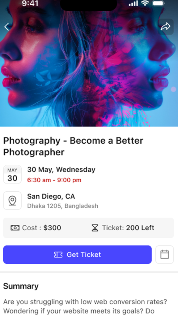Event listing card for Photography   Become a Better Photographer with date May 30 time 630 am900 pm location San Diego CA tickets left 200 price 0 blue pink abstract header image with two profiles Get Ticket button visible