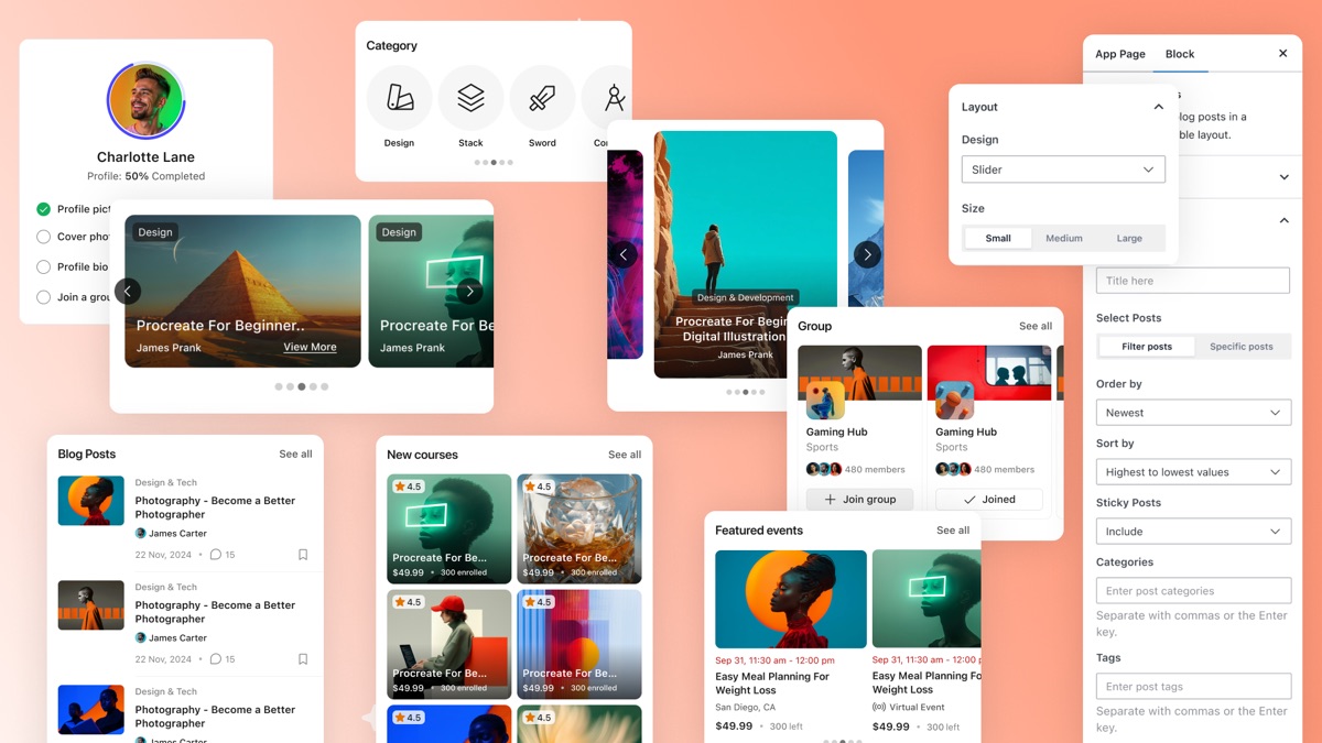 App Blocks carousels custom post types videos and images