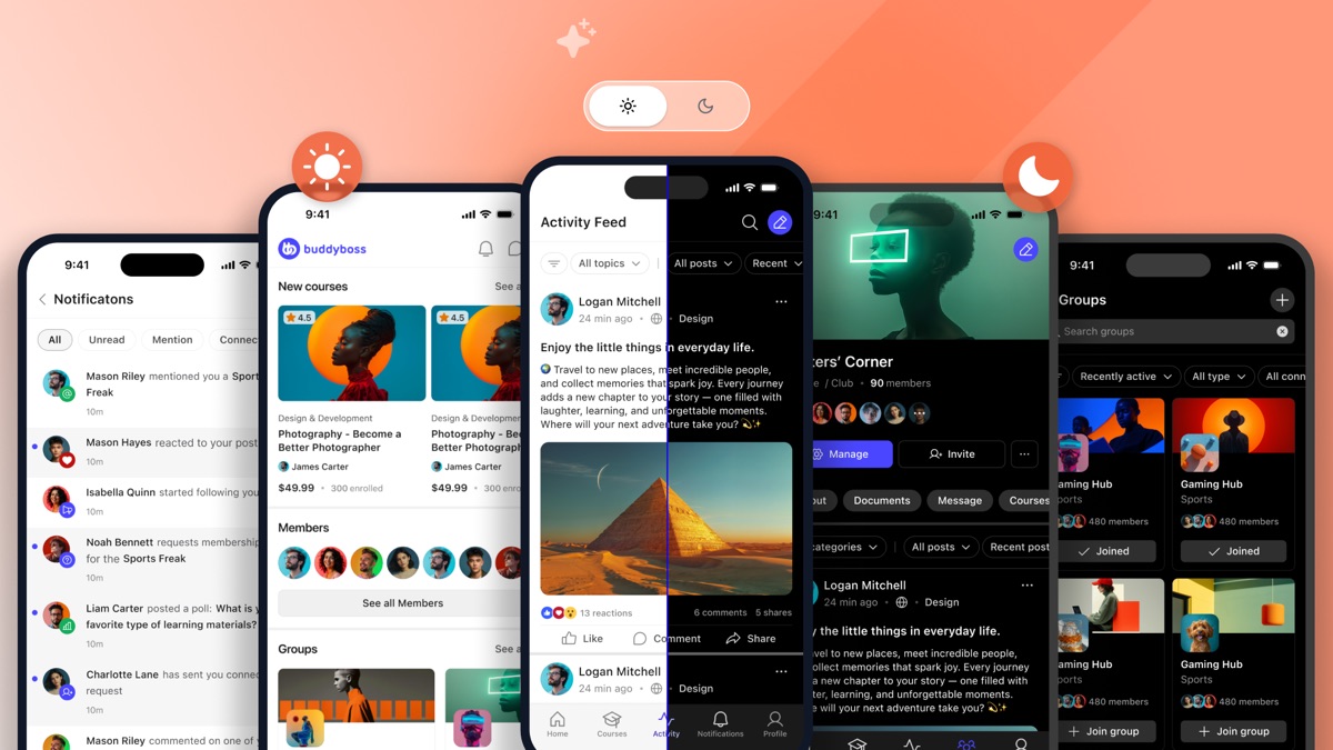The Next Gen app shown side by side in light mode and dark mode