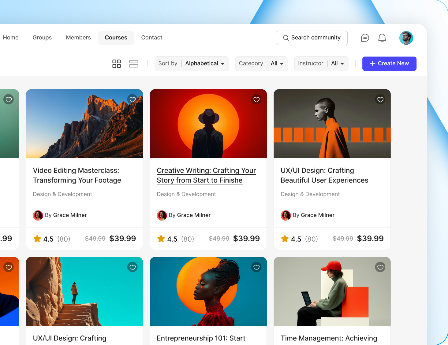 BuddyBoss course grid showing a catalogue of course cards with sidebar navigation