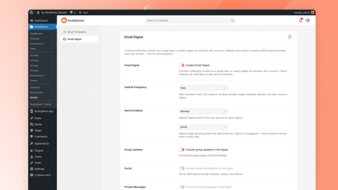 THE ADMIN SETTINGS PANEL of buddyboss email digest