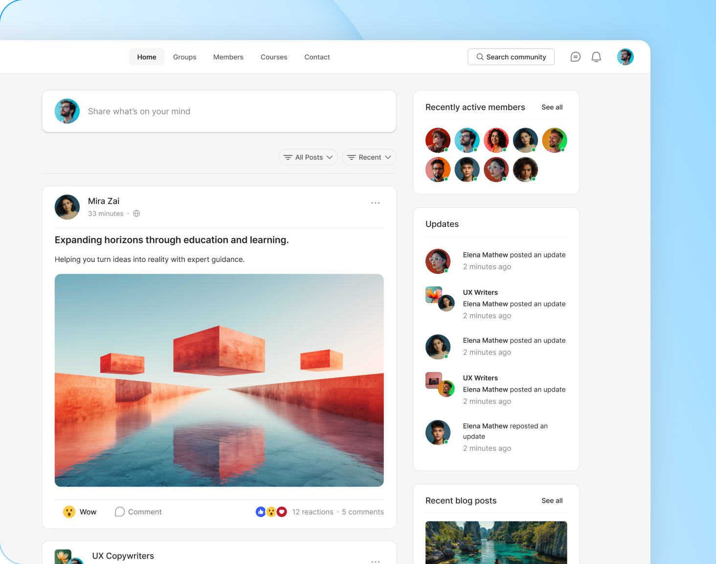 BuddyBoss community screens showing member profiles activity feed and group discussions