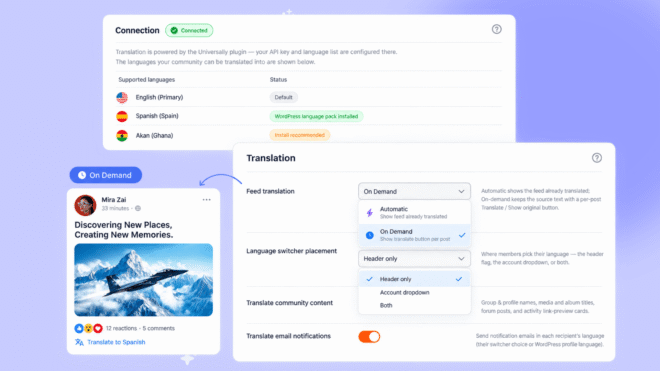 automatic vs on demand translation in action on buddyboss universally integration | BuddyBoss automatic vs on demand translation in action on buddyboss universally integration