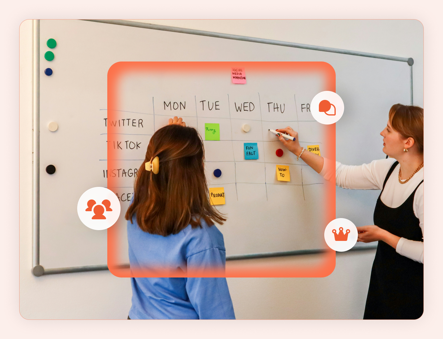 Two team members planning a social media content calendar on a whiteboard