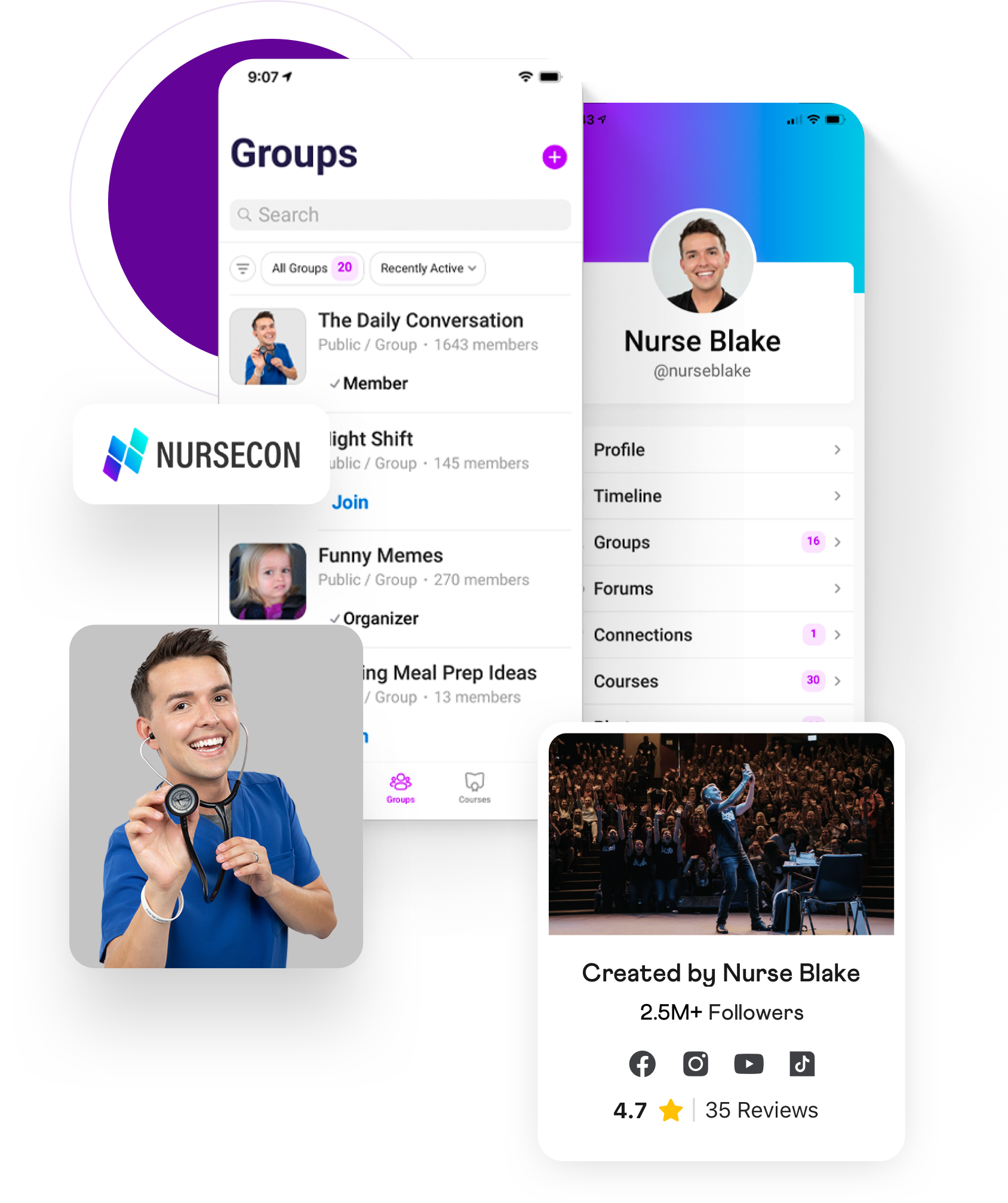 NurseCon community app screens and Nurse Blake profile