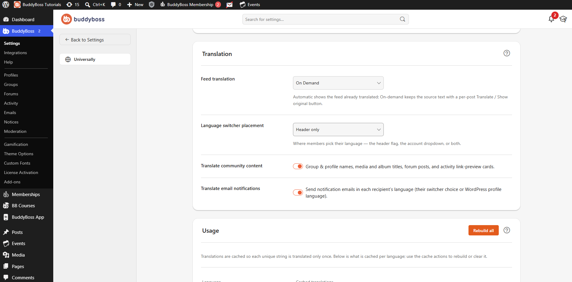 Universally Translation Settings in BuddyBoss