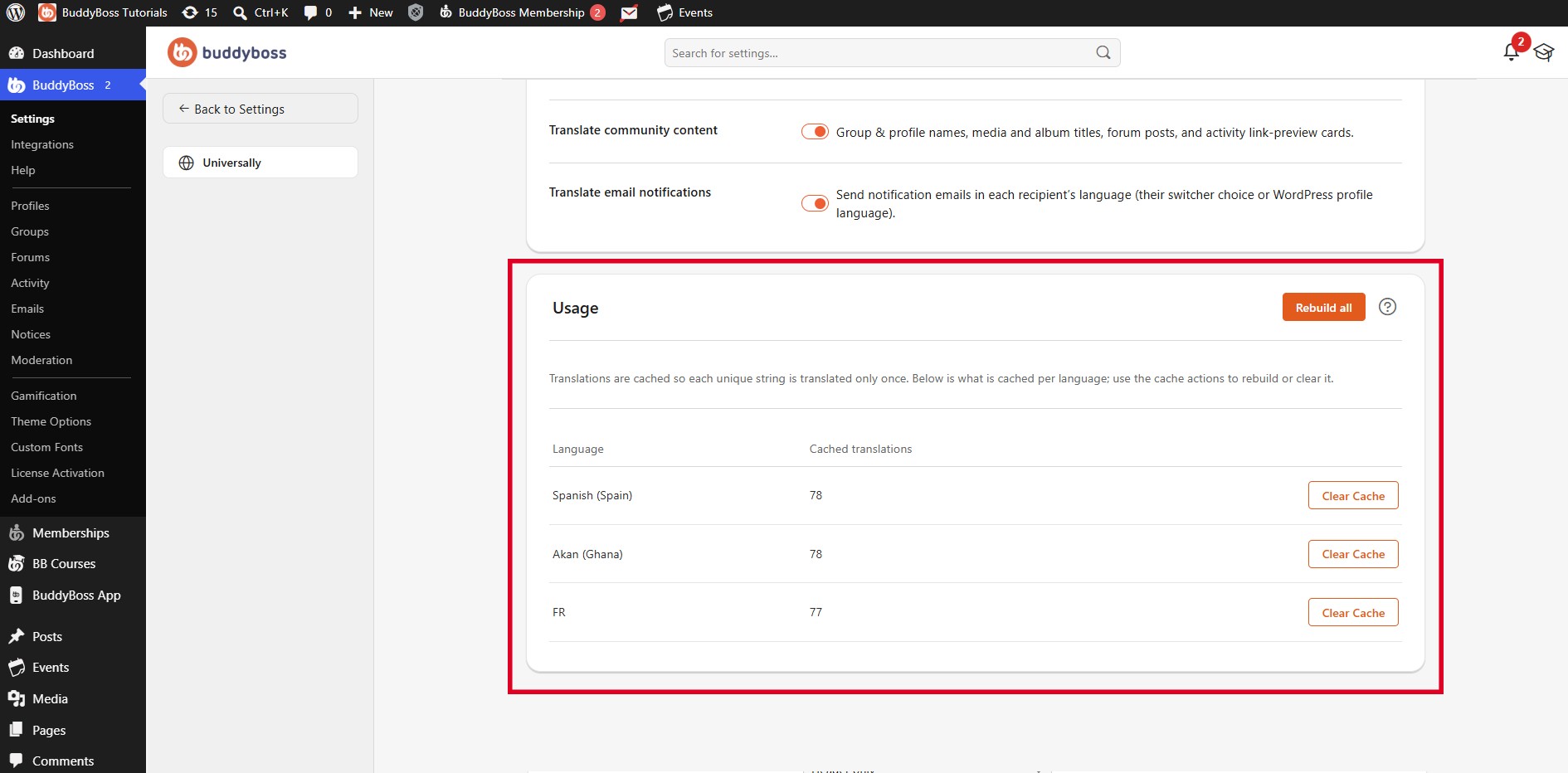 Universally Translation Cache in BuddyBoss