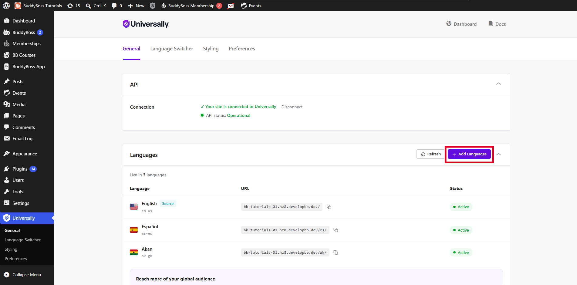 Universally Languages for BuddyBoss