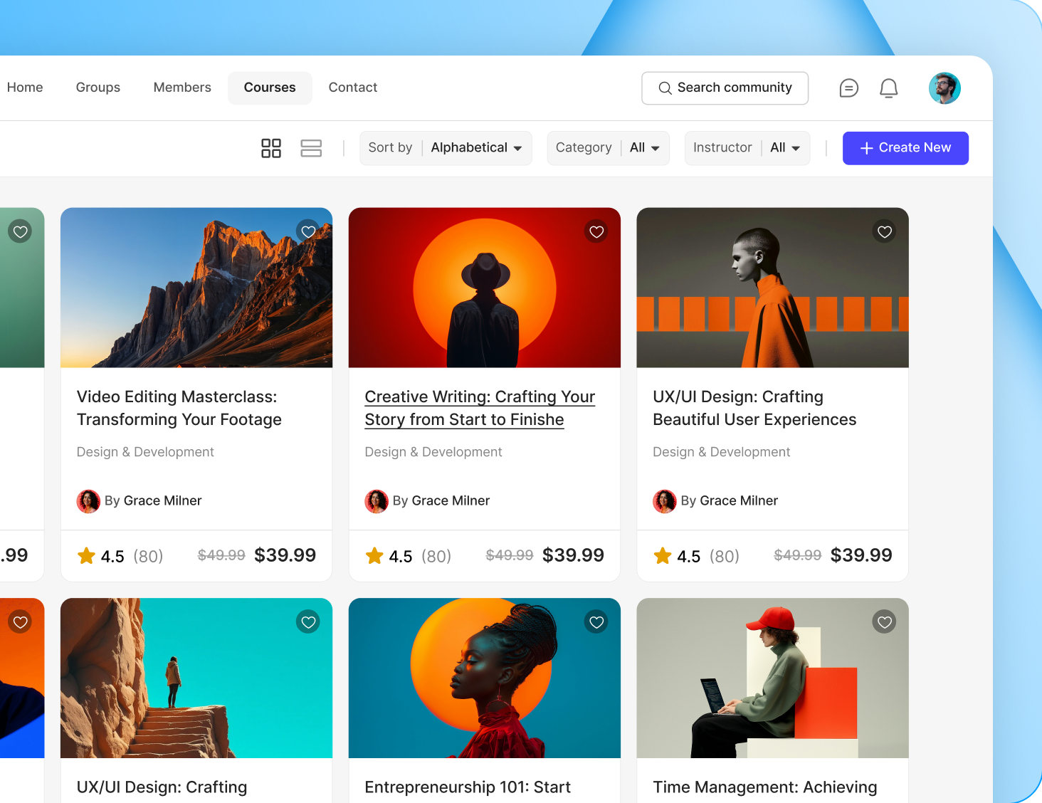 BuddyBoss course grid showing a catalogue of course cards with sidebar navigation