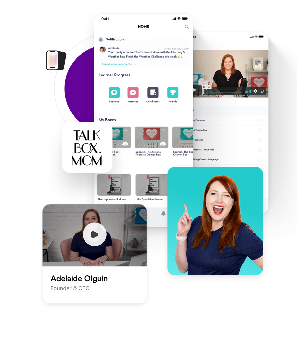 TalkBoxmom mobile app screens showing lesson progress and video content with founder photo