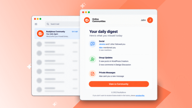 the member facing digest email view with buddyboss email digest feature