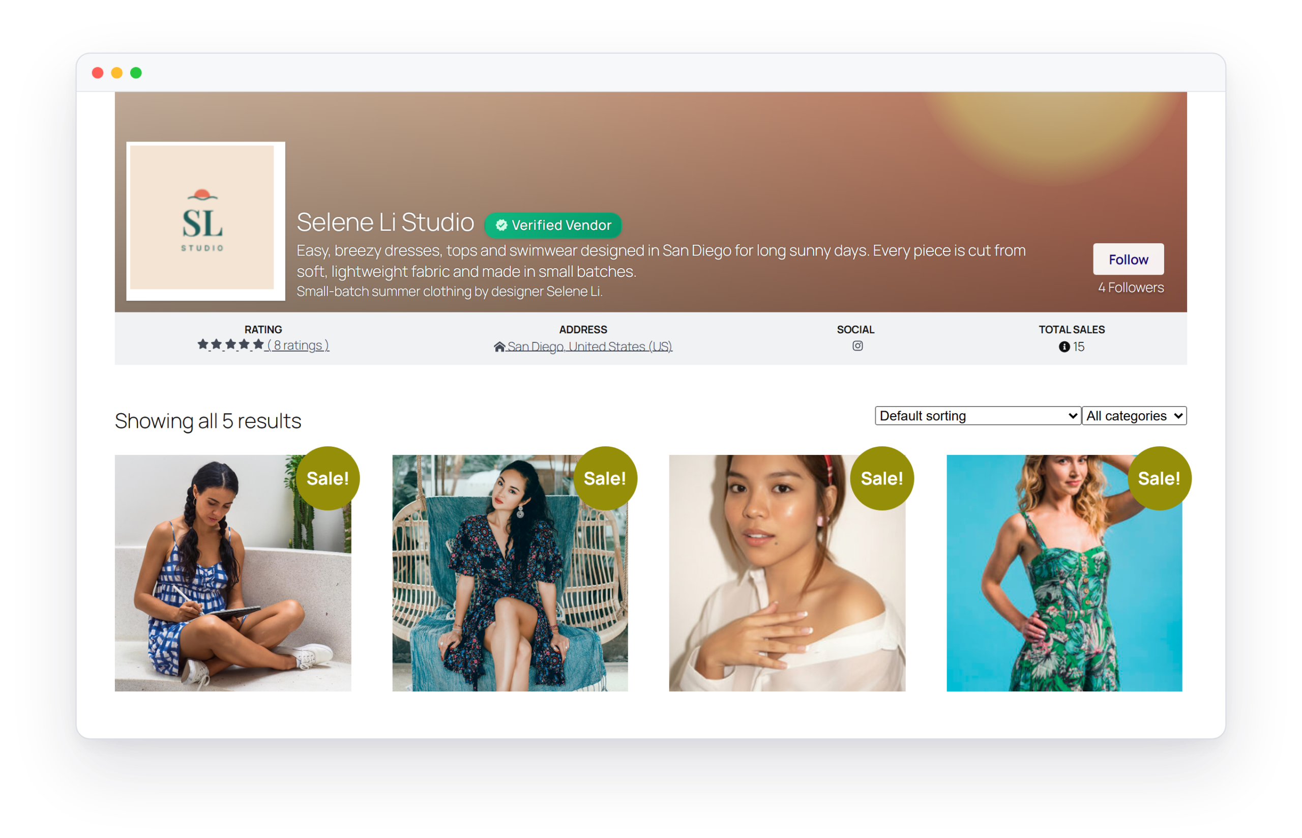 WC Vendors vendor storefront with a verified vendor header and product grid