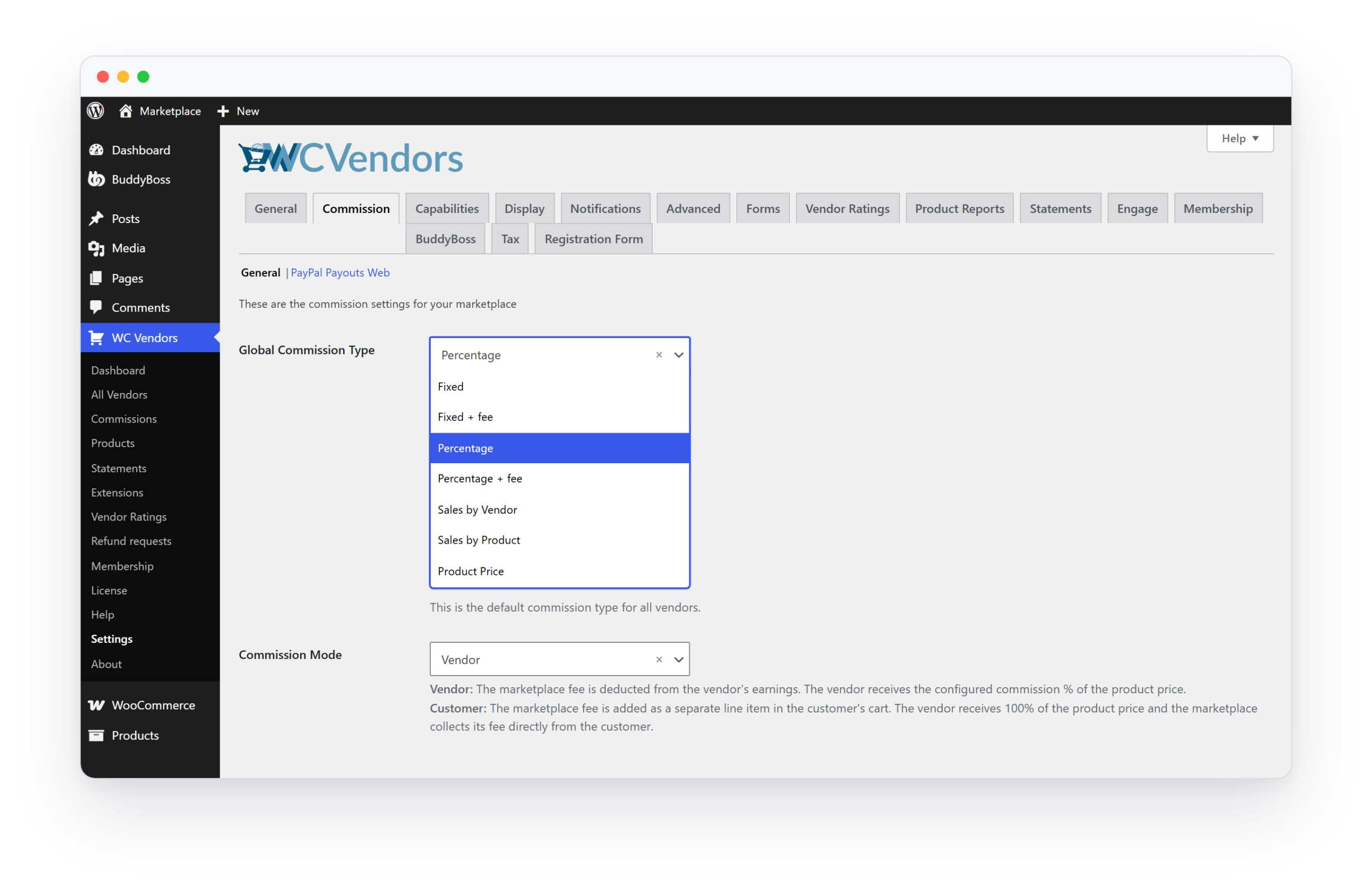 WC Vendors commission settings with global commission type options