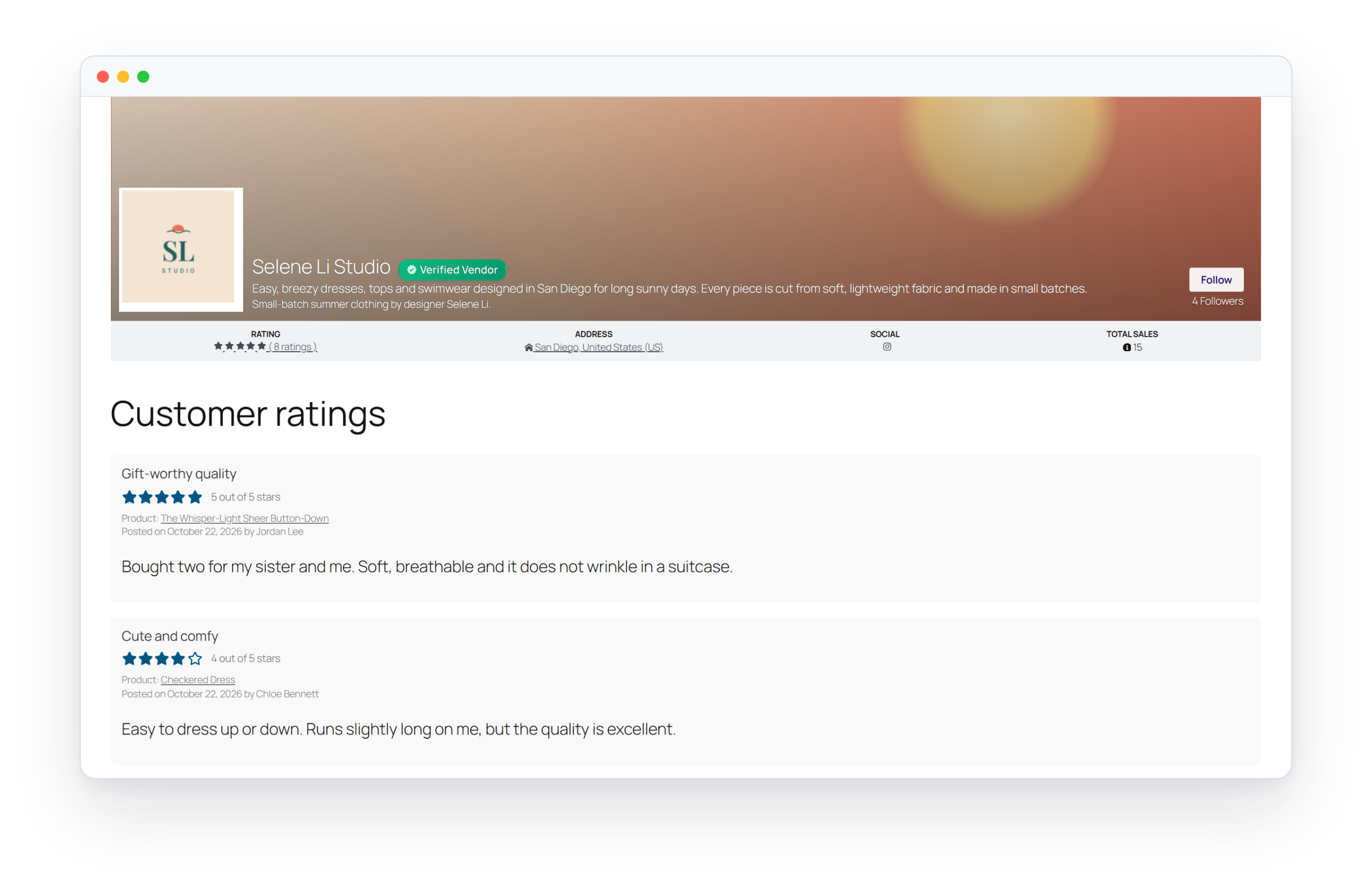 Vendor profile showing customer ratings and reviews
