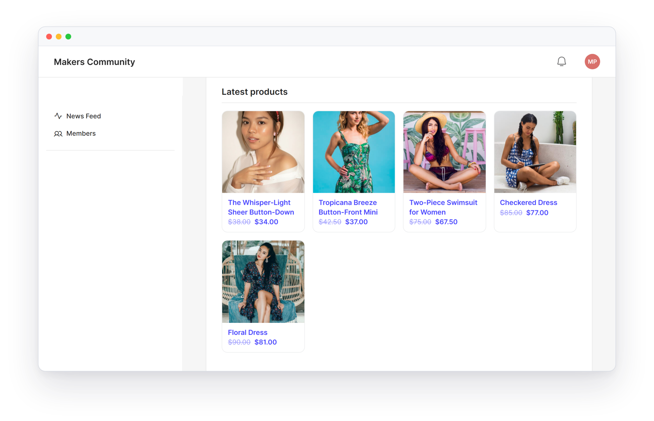 Latest products from marketplace vendors shown inside a BuddyBoss community profile