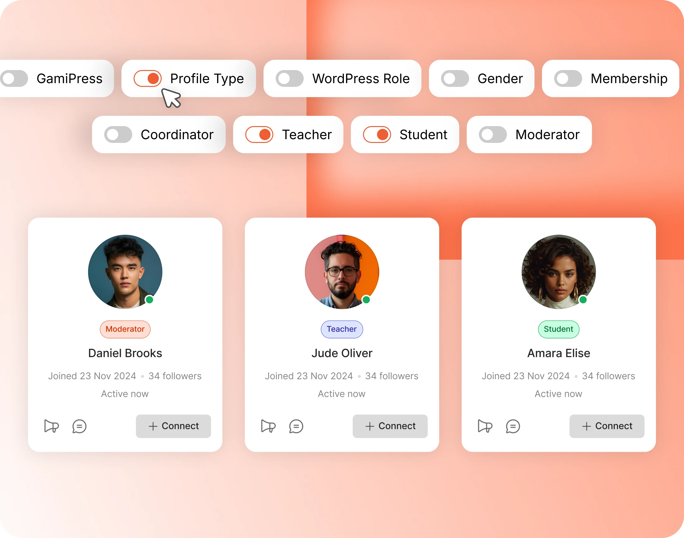Access control toggles for profile types and roles above member cards