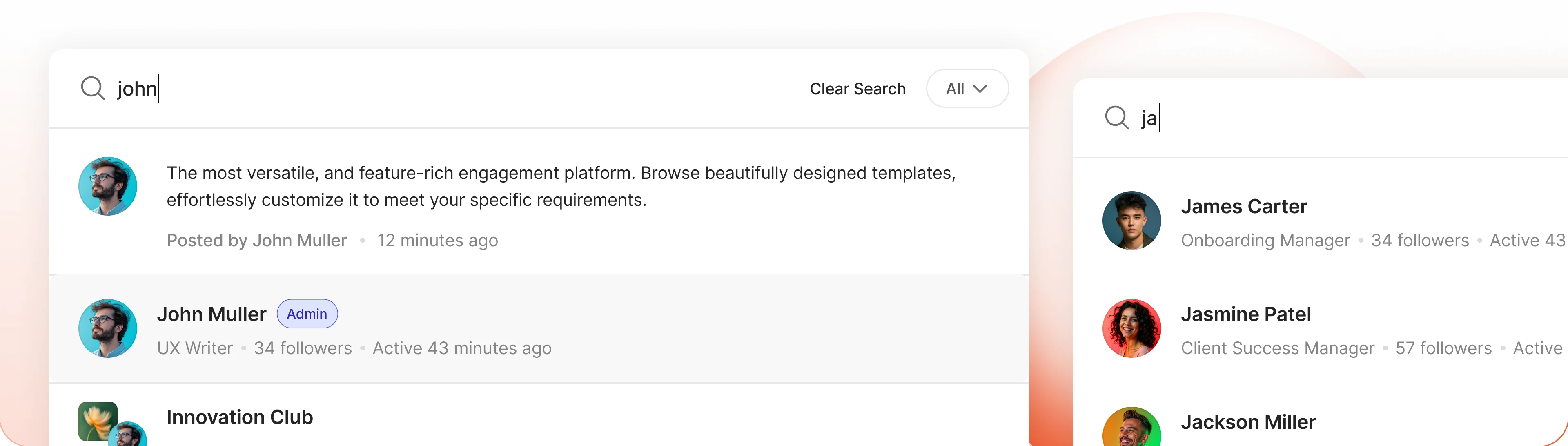 Activity search results for posts and members