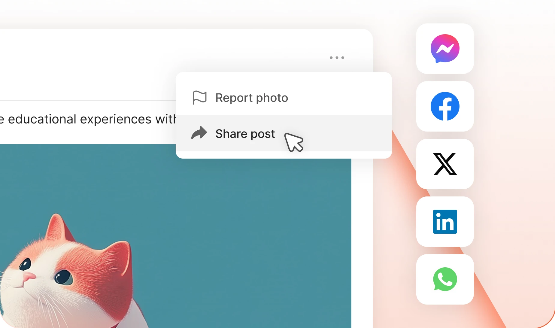 Share post menu with Messenger Facebook X LinkedIn and WhatsApp options