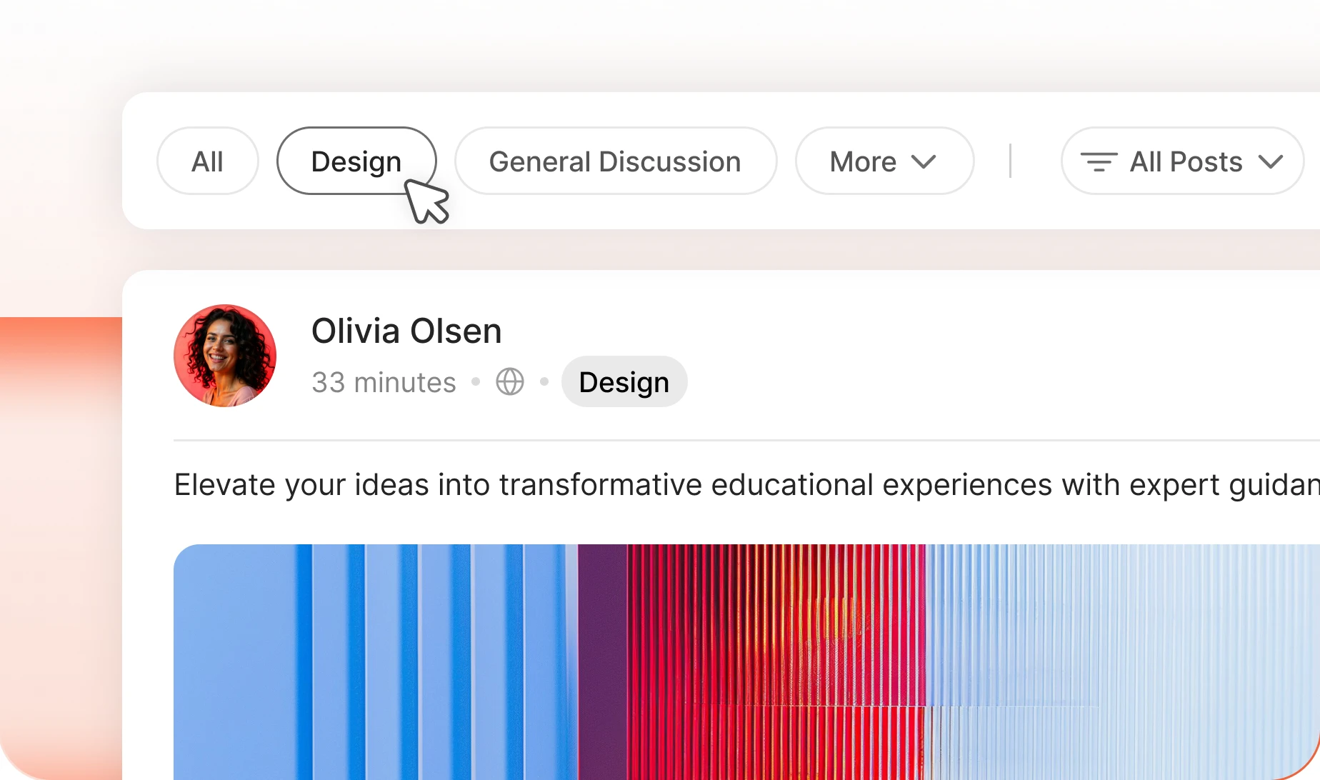 Topic bar above the feed with a Design topic selected